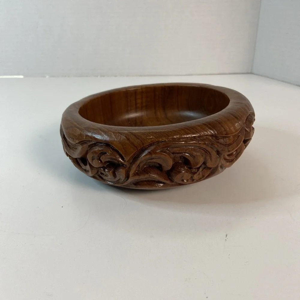 Vintage Decorative Teak Wood Carved Bowl Catch All Key Jewelry Trinket Dish